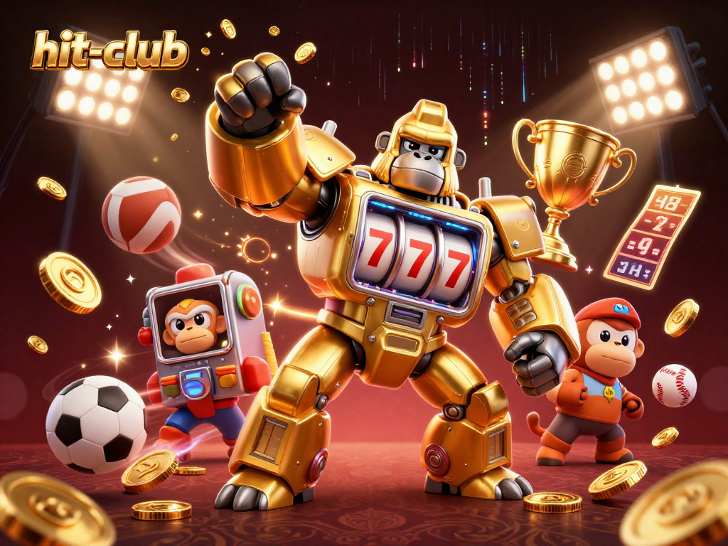 Hit-club showcases a dynamic gaming scene with a golden gorilla mech, sports elements, and vibrant effects.