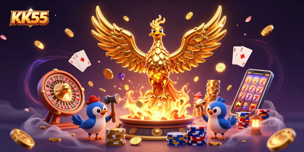 KK55 phoenix emerging with gold coins, roulette wheel & poker chips in a vibrant casino scene.