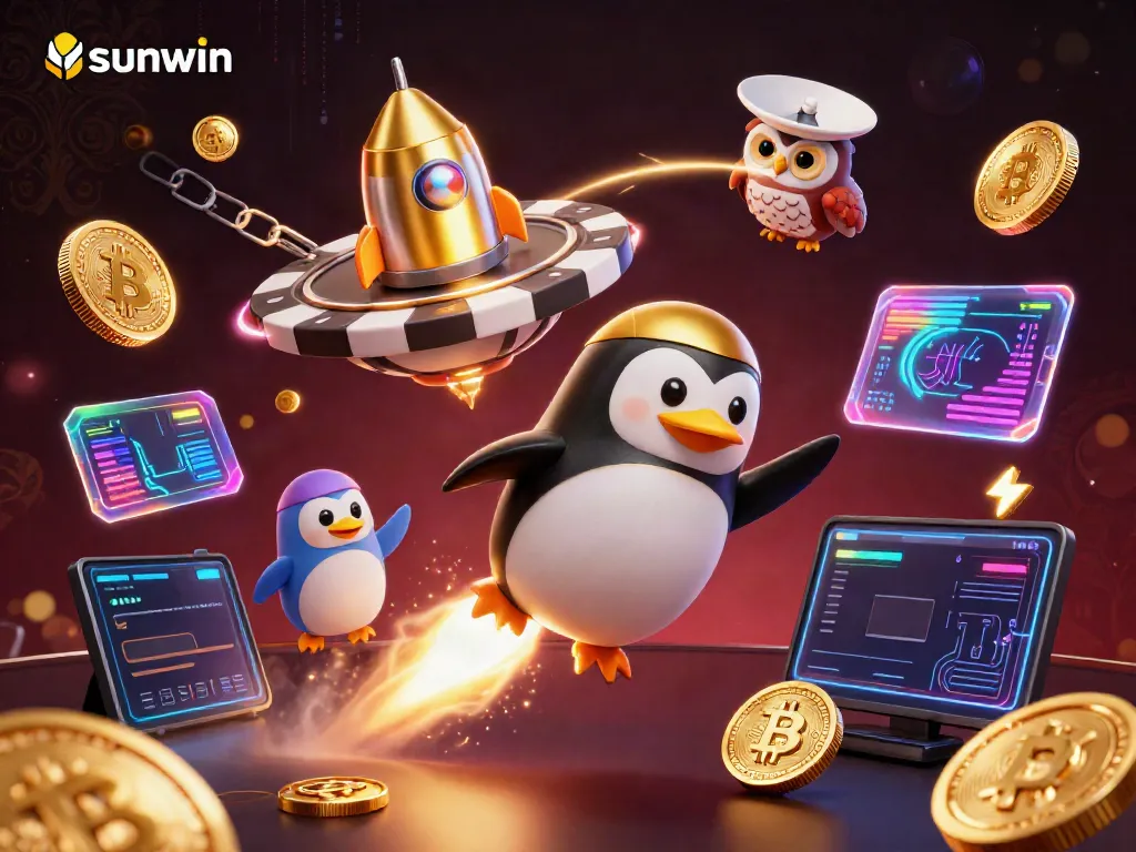 Engage with sunwin while interacting with a golden penguin soaring towards a casino space station