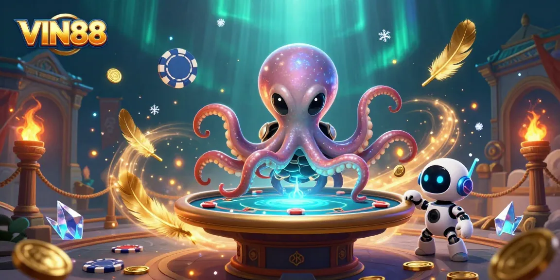 Engage with thrilling VIN88 games in a vibrant alien casino, featuring an octopus dealer and dynamic poker action.