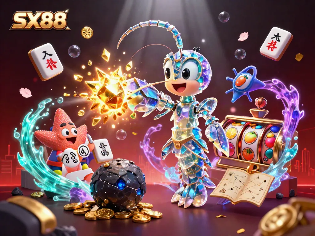 SX88 showcases a vibrant casino scene with a samurai mantis shrimp and starfish amid gold coins and spinning slots.