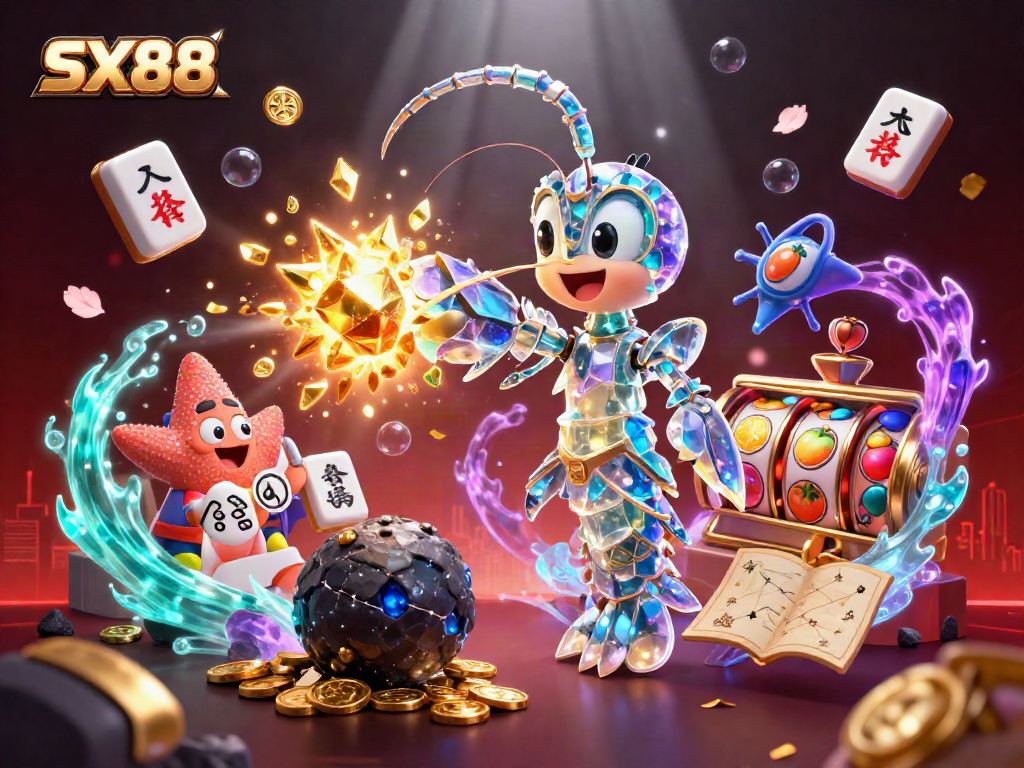 SX88 showcases a vibrant casino scene with a samurai mantis shrimp and starfish amid gold coins and spinning slots.