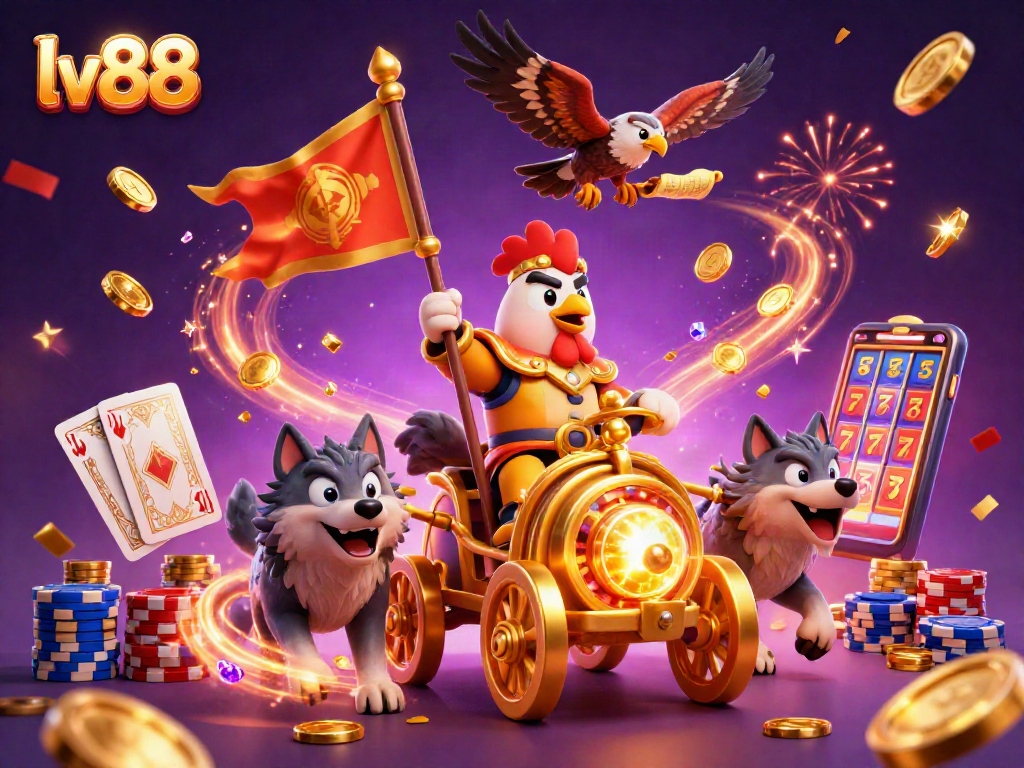 Win big with lv88 in a vibrant 3D casino scene filled with characters and action-packed elements.