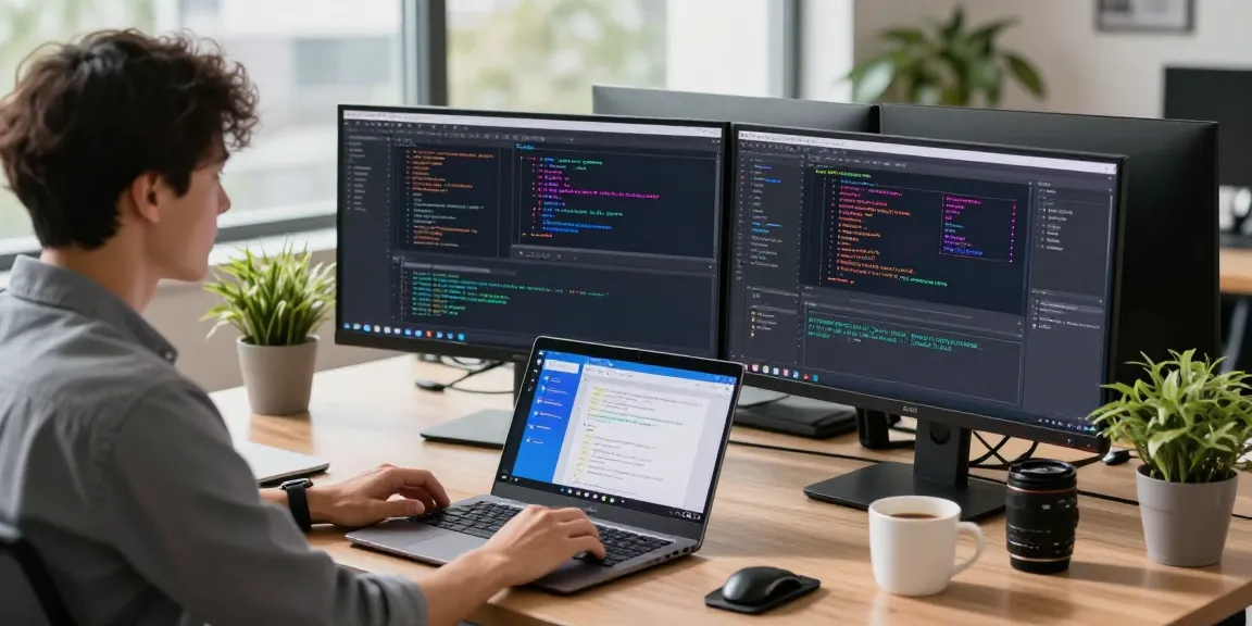 快连 app interface on a developer's dual monitors in a modern tech workspace with natural light.