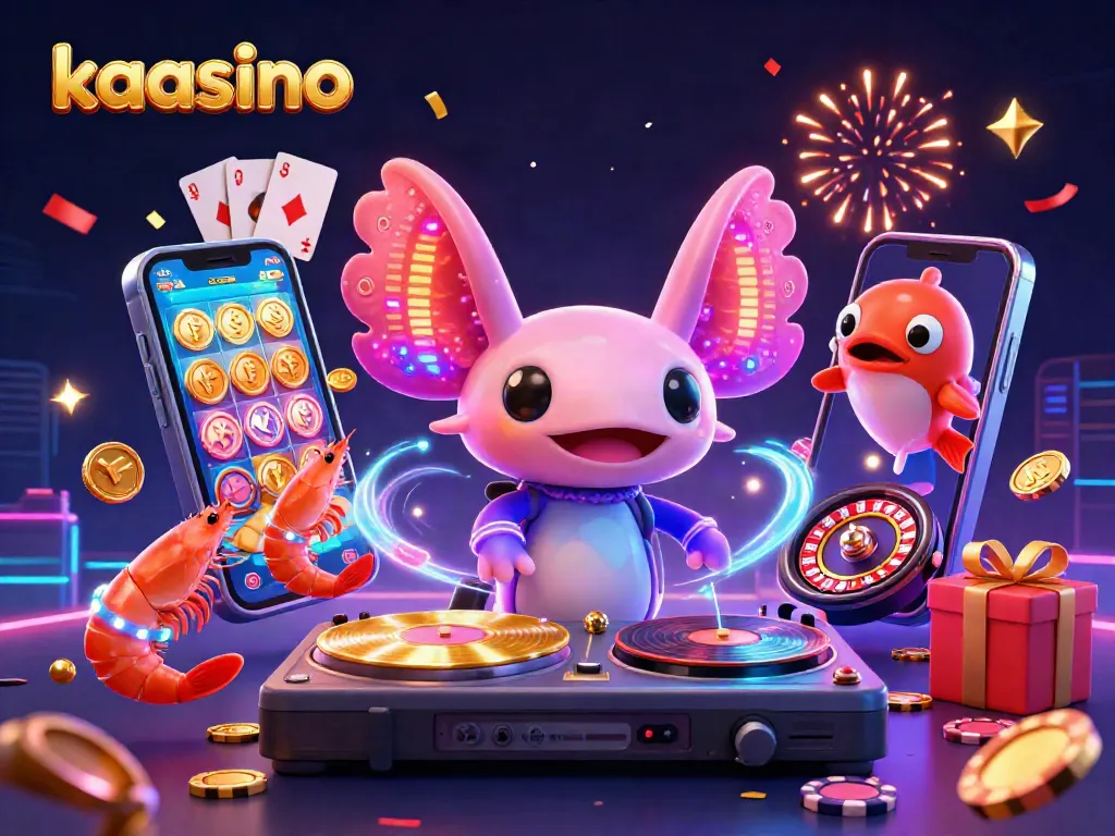 Kaasino: Experience dynamic gaming with a neon axolotl DJ, lively shrimp dancers, and a hype blowfish in an underwater casino.