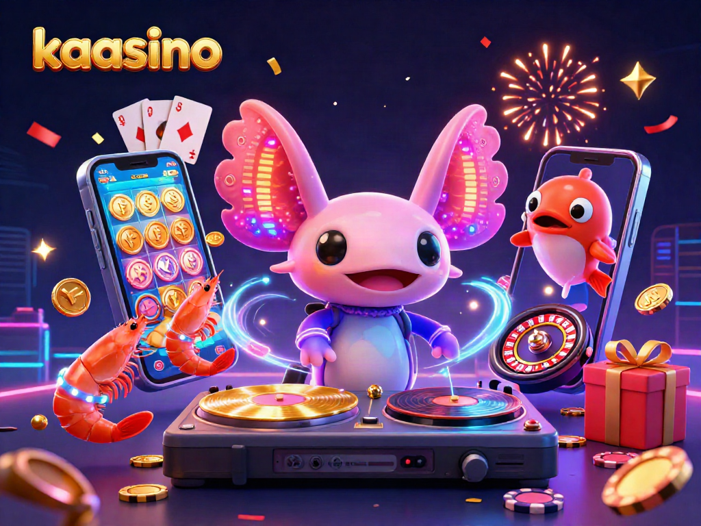 Kaasino: Experience dynamic gaming with a neon axolotl DJ, lively shrimp dancers, and a hype blowfish in an underwater casino.