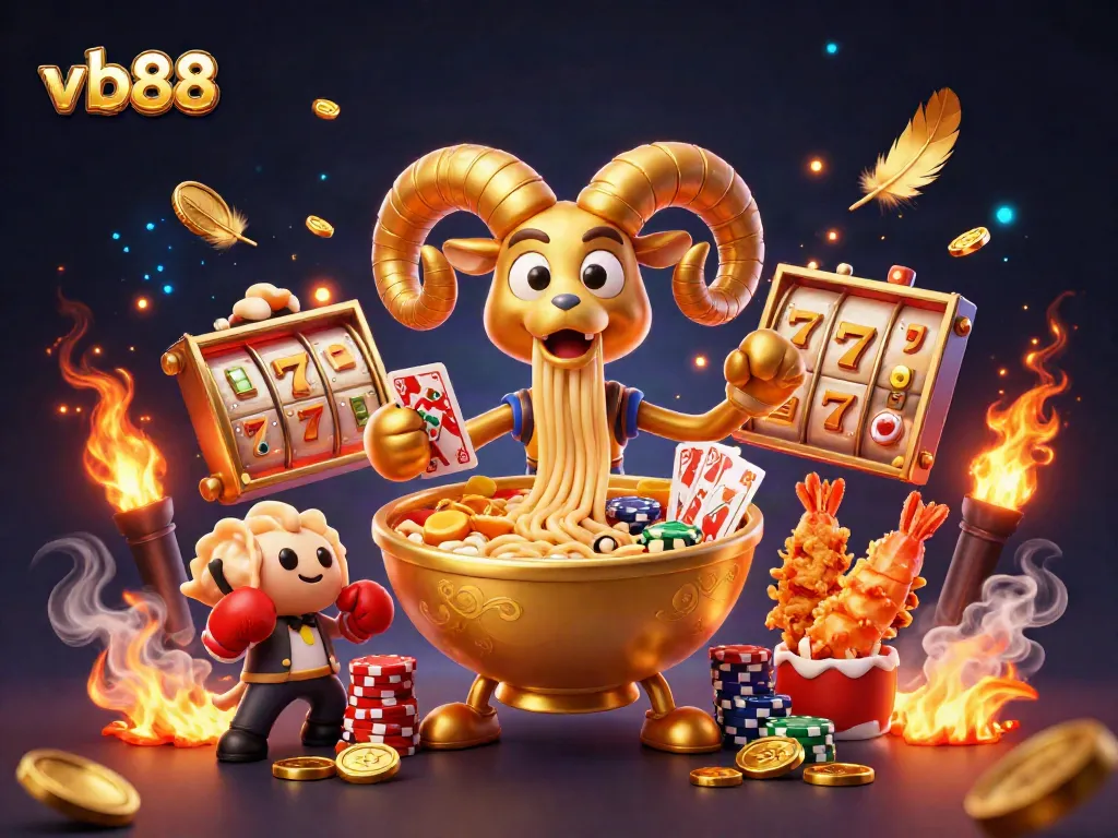 Engage in thrilling casino action with vb88 as a golden ramen bowl and friends deal cards and stack chips.