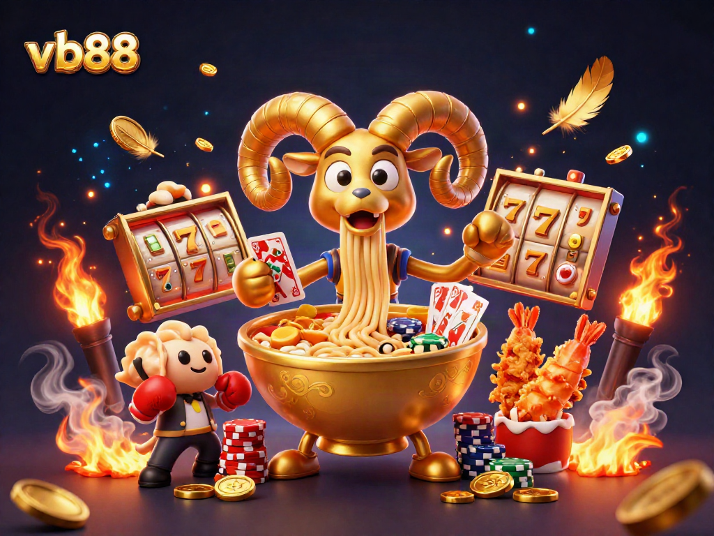 Engage in thrilling casino action with vb88 as a golden ramen bowl and friends deal cards and stack chips.