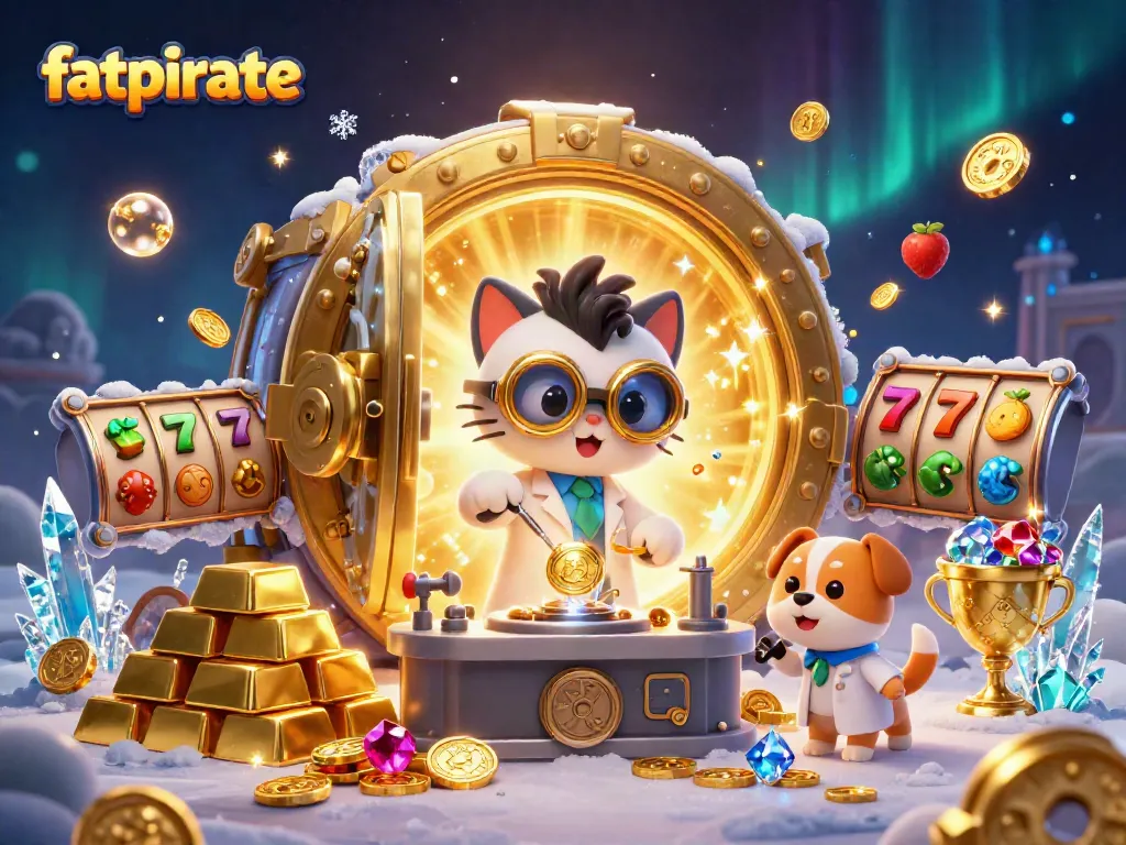 Experience winning thrills at fatpirate casino with vivid 3D cartoon characters amidst gold treasures and slot games.