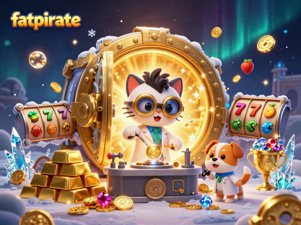 Experience winning thrills at fatpirate casino with vivid 3D cartoon characters amidst gold treasures and slot games.