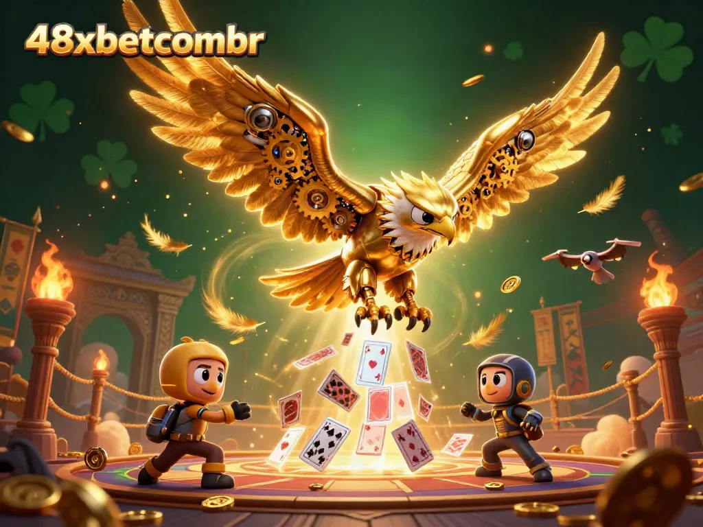 Experience the thrill of betting with 48xbetcombr featuring a golden eagle and holographic playing cards.