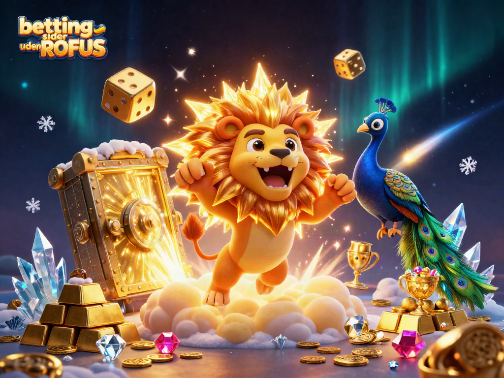 Engage with betting sider uden ROFUS in a vibrant 3D casino scene featuring a roaring lion and golden treasures.