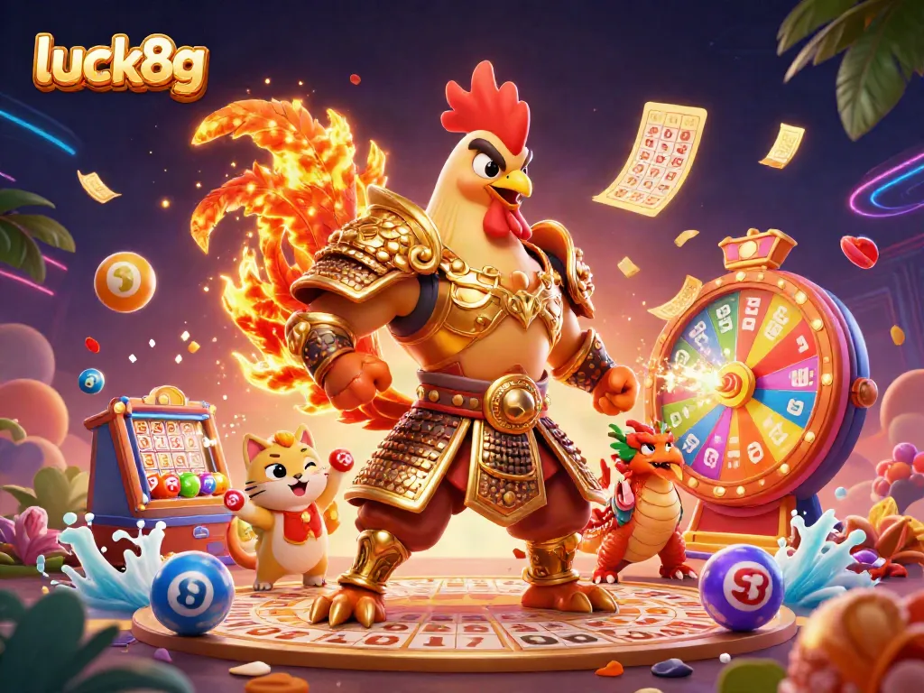 Engage in thrilling games at luck8g with a powerful rooster warrior and dragon amidst festive lottery elements.