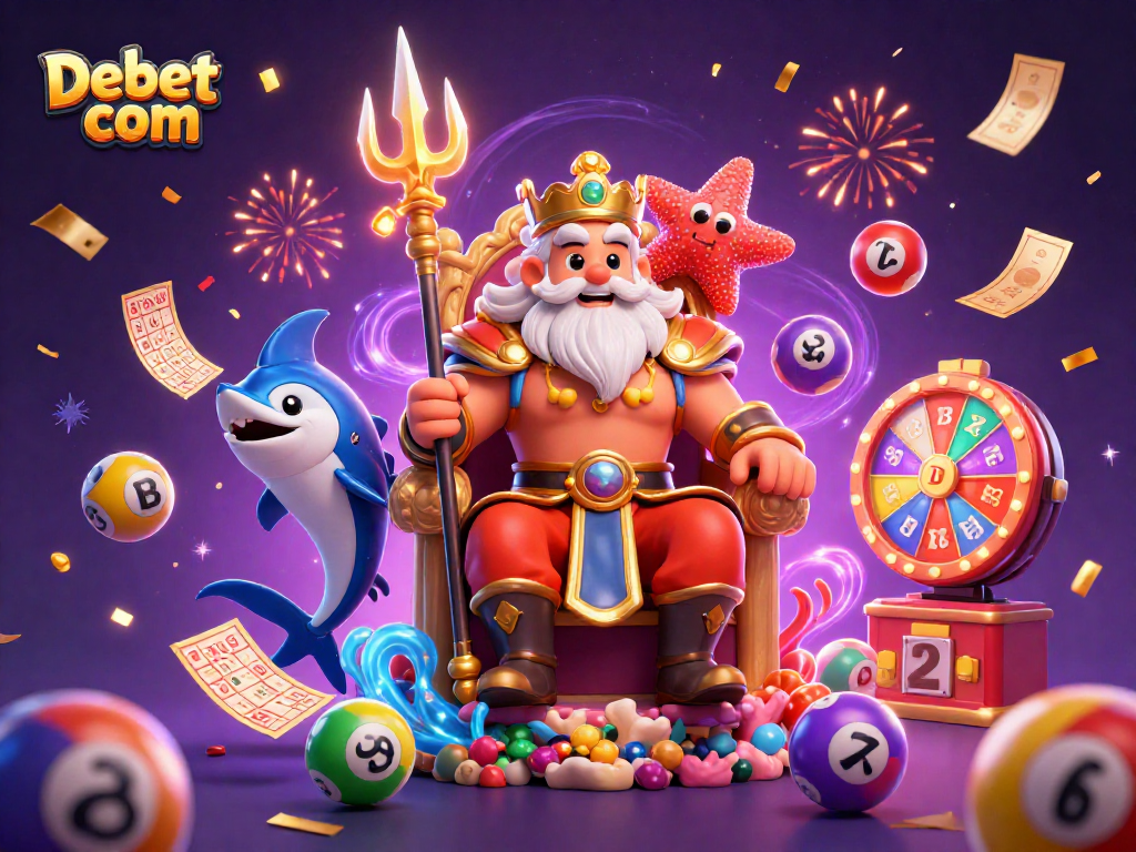 Play and win with Debet com in this vibrant lottery-themed scene featuring Neptune and friends.