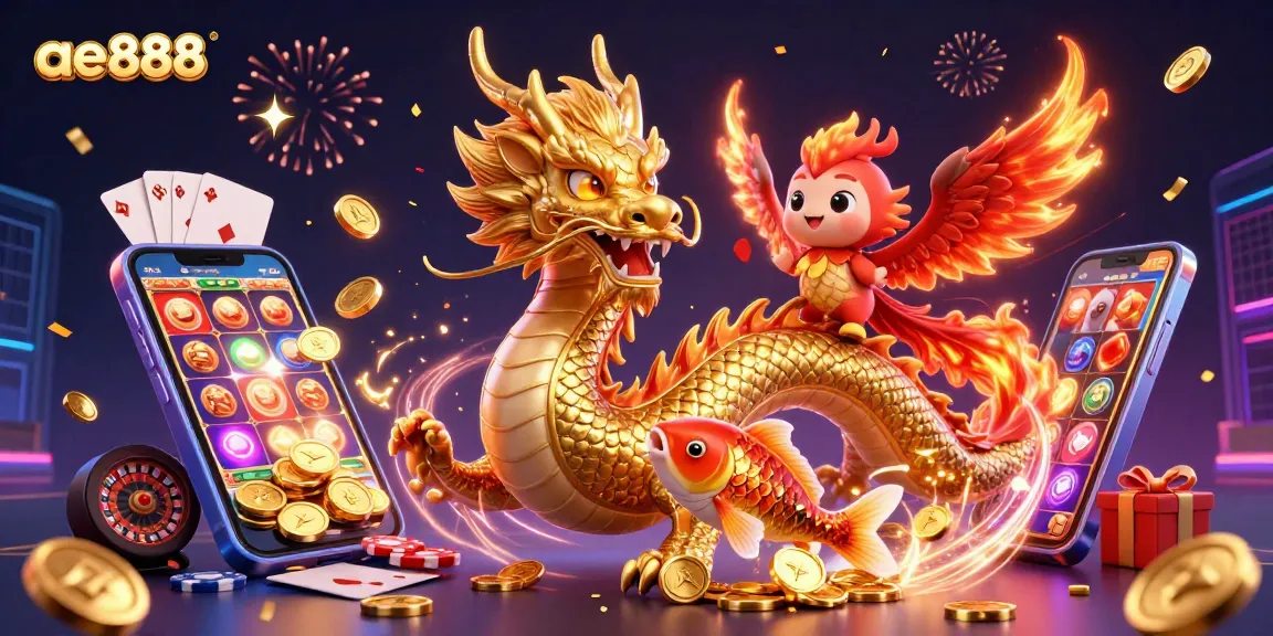 Experience the thrill of ae888 with a dynamic 3D depiction of a golden dragon and phoenix in action.