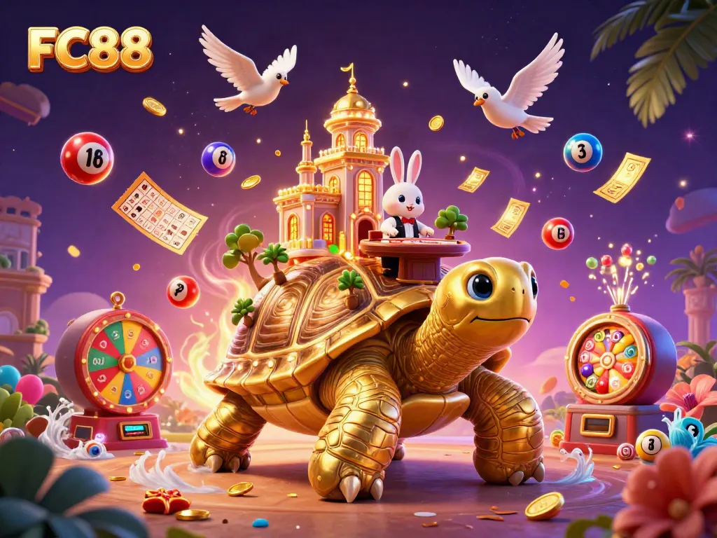 Engage in thrilling gameplay at FC88, featuring a vibrant cartoon tortoise casino scene.