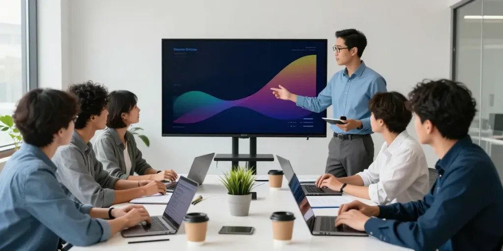 Samenwerkend team bespreekt domeinnaam prijzen in een modern kantoor, met laptops en presentaties.