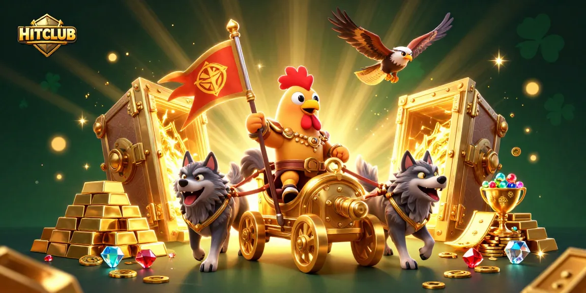 Engage with HITCLUB's vibrant casino adventure featuring golden treasures, a rooster warlord, and mythical companions.