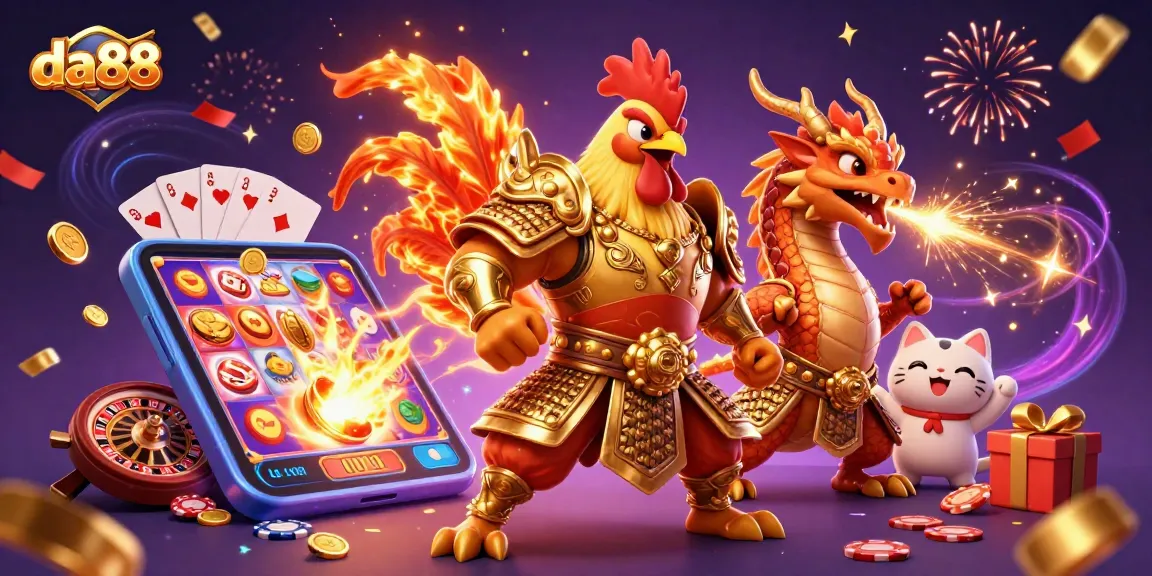 Experience winning moments at da88 with a dynamic illustration of a rooster warrior and dragon hatchling surrounded by exciting casino elements.