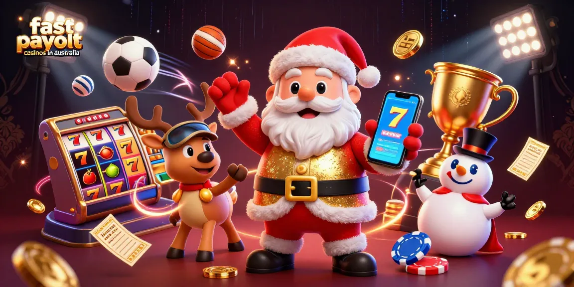 Engaging scene featuring Santa with fast payout casinos in Australia showcasing vibrant casino elements.