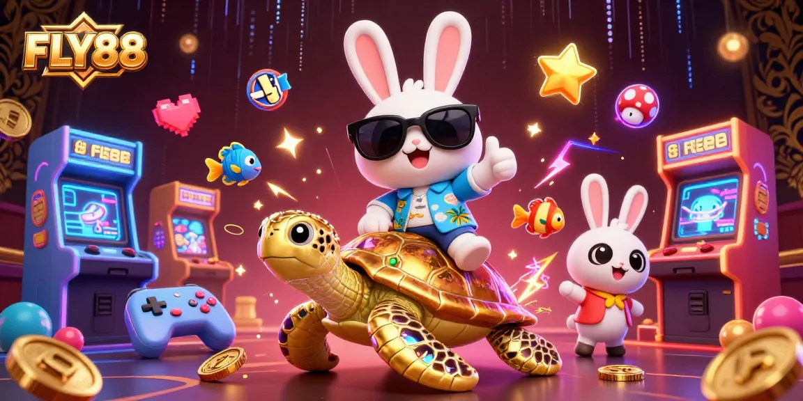 Catch thrilling wins at FLY88 with a lucky rabbit and golden turtle in this vibrant casino scene.