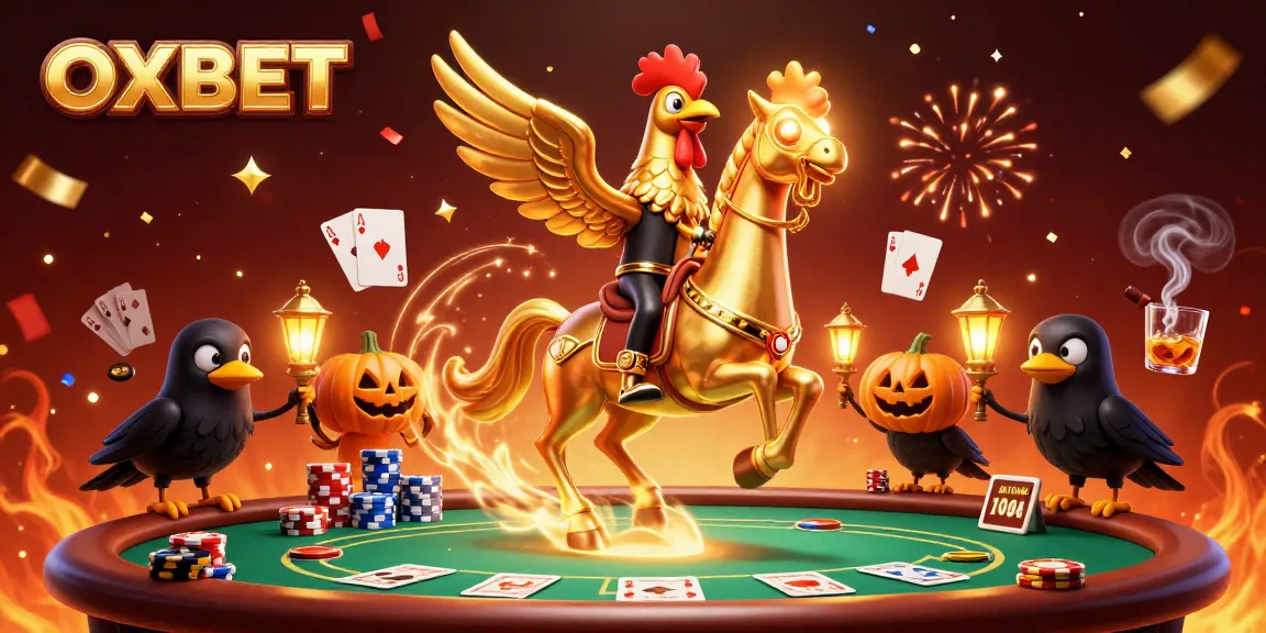 Engage with OXBET's thrilling casino scene featuring a golden rooster and poker elements.