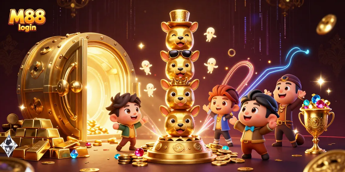 Experience M88 login with vibrant casino elements and a magical totem in a dynamic scene.