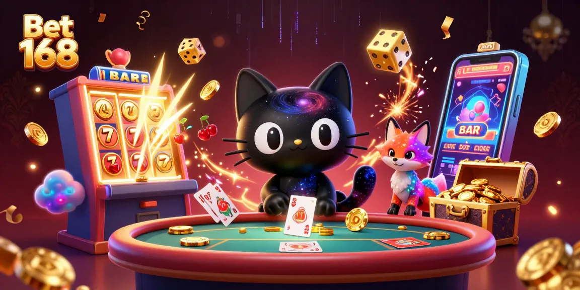 Bet 168 captures the thrill of winning with vibrant characters and casino elements in a cosmic setting.
