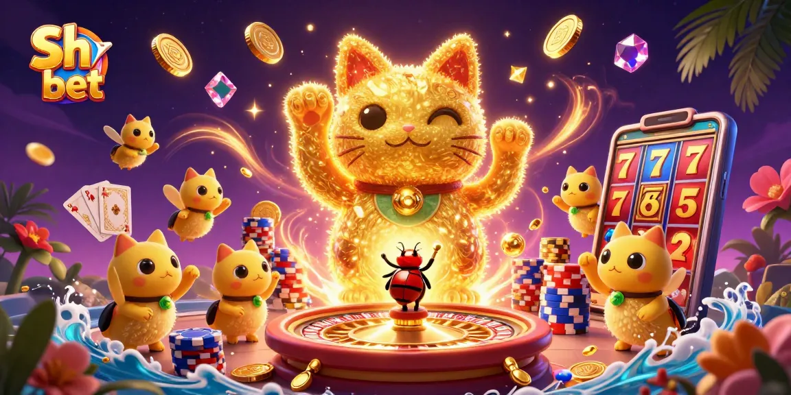 Experience big wins at Sh bet with vibrant casino game elements and a lucky cat illustration.