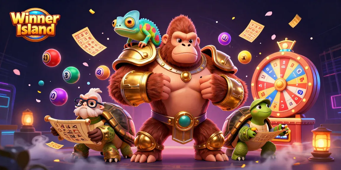 Win big at Winner Island with a vibrant casino scene featuring a gorilla king, chameleon, and tortoise elder.