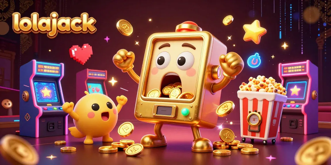 Watch the lolajack slot machine hit a jackpot with coins pouring out, surrounded by arcade excitement.