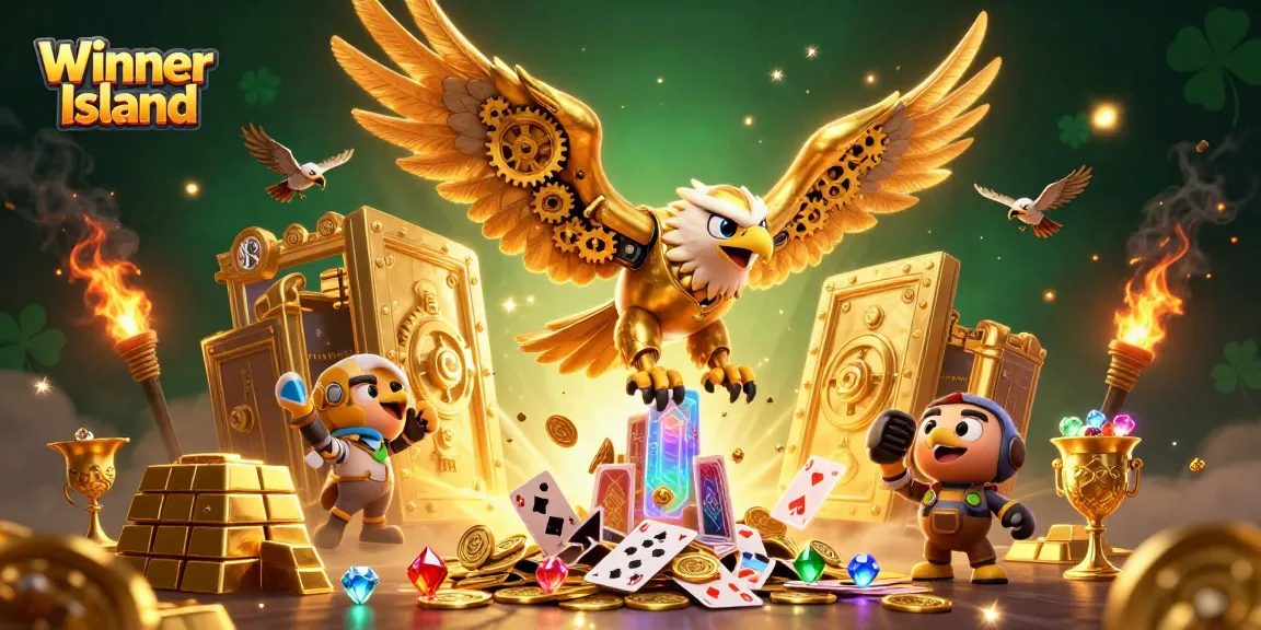 Win big at Winner Island with a vibrant 3D illustration of a golden eagle amidst casino treasures.