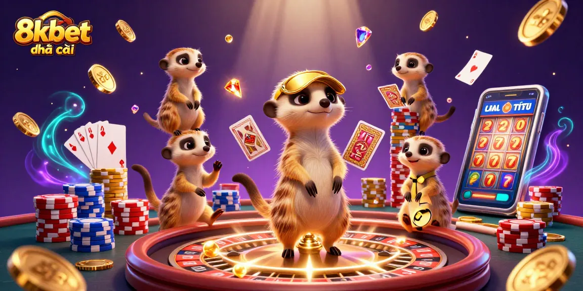 Engage in thrilling games at 8xbet nhà cái, featuring meerkats running a vibrant casino operation.
