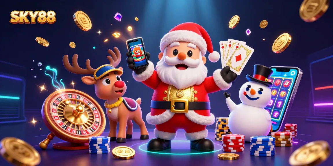 Engage with SKY88's vibrant casino scene featuring Santa, a reindeer dealer, and chips galore!