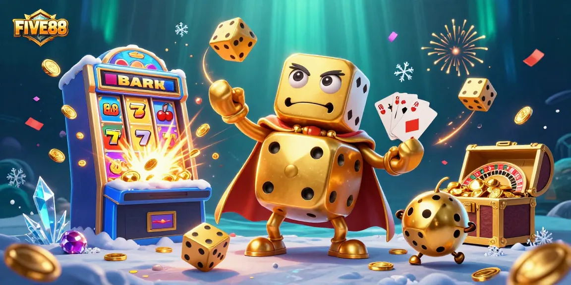 Engage with FIVE88's online casino action featuring a vibrant 3D illustration of a dynamic casino scene.