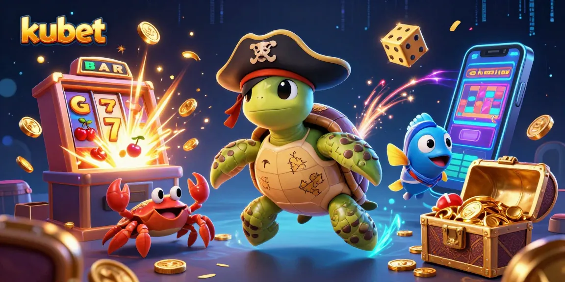 Kubet's vibrant 3D illustration showcases a lively pirate turtle, hermit crab, and parrotfish with engaging slot game elements.