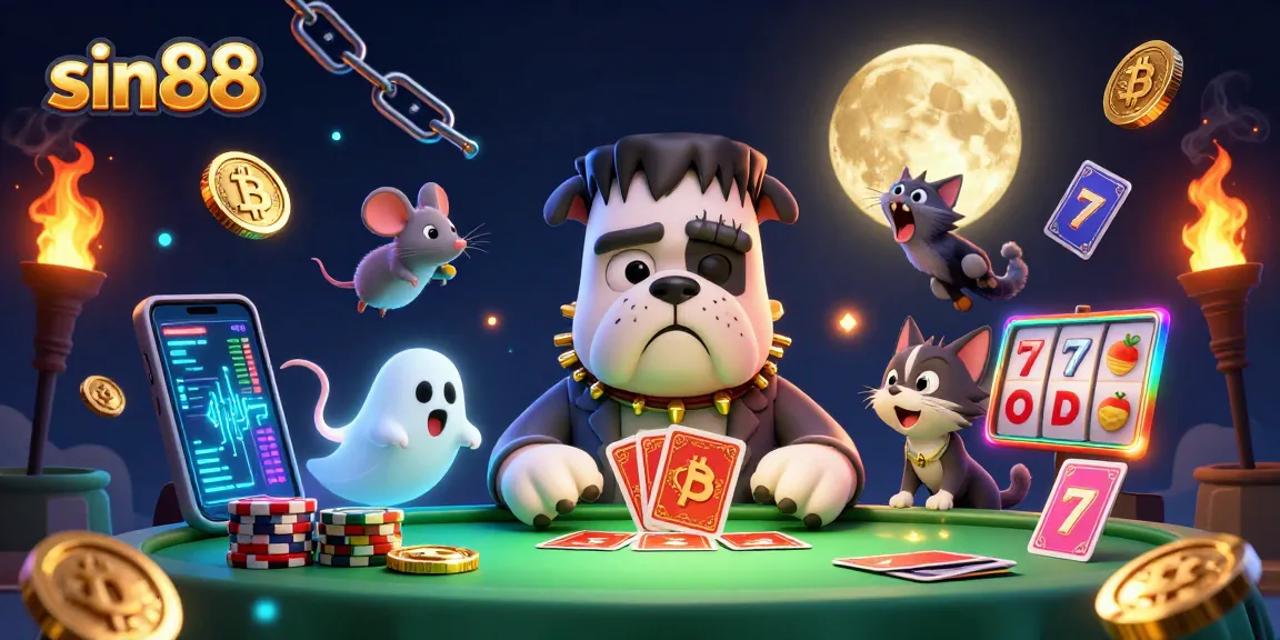 sin88 featuring a 3D cartoon Frankenstein bulldog card dealer at a haunted table amidst digital crypto elements