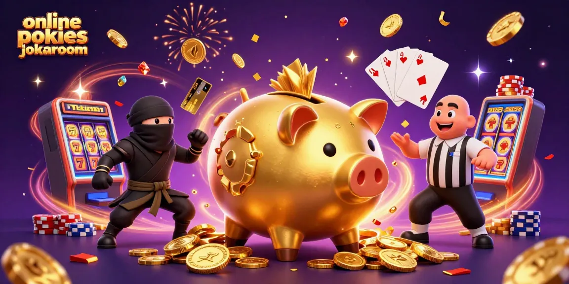 Experience the thrill of online pokies jokaroom with a lively illustration showcasing golden piggy bank characters amidst flying coins and slot reels.