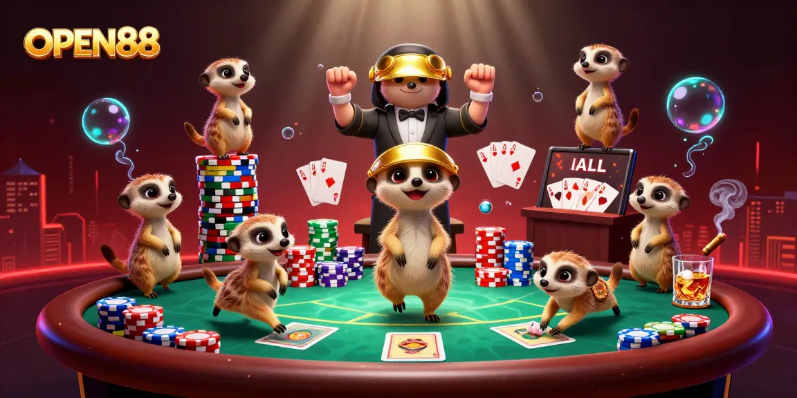 Experience the excitement of OPEN88 with meerkats running a vibrant casino, filled with colorful poker chips and cards.