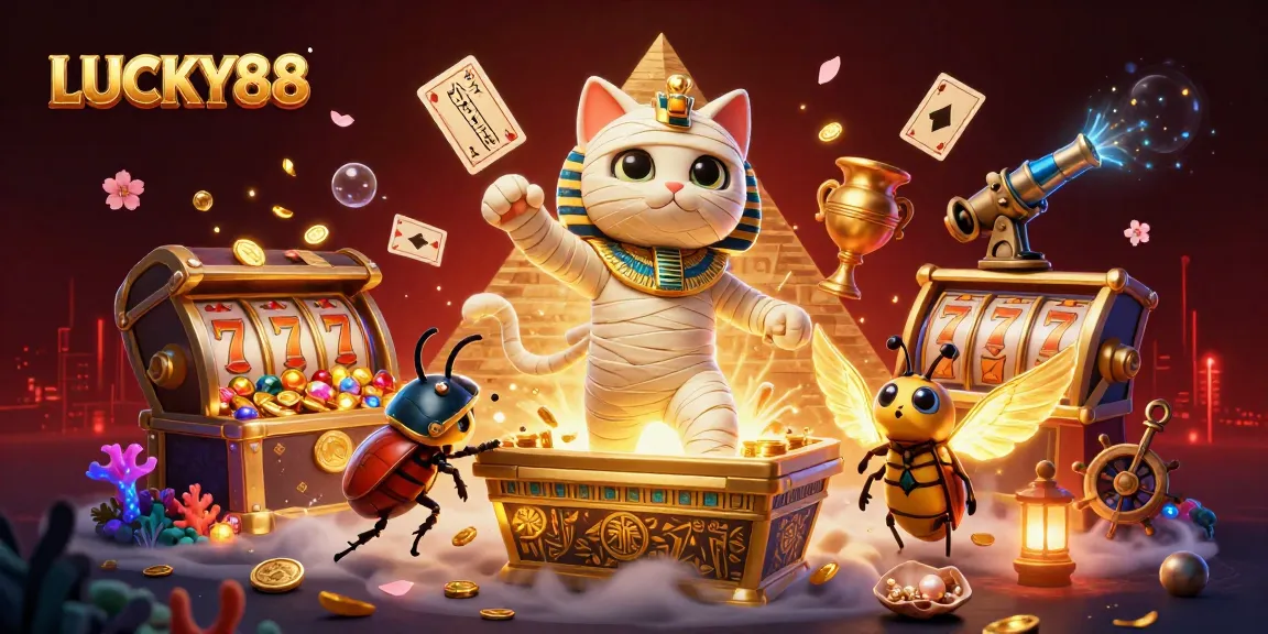 Experience exciting gameplay with LUCKY88, featuring vibrant characters, slot reels, and dynamic casino elements.