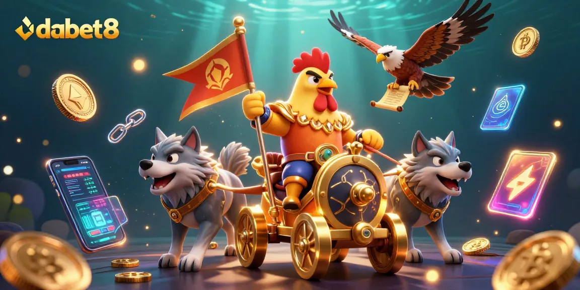Experience the thrill of dabet8 with a vibrant 3D scene depicting a rooster warlord in a golden chariot, surrounded by crypto elements.