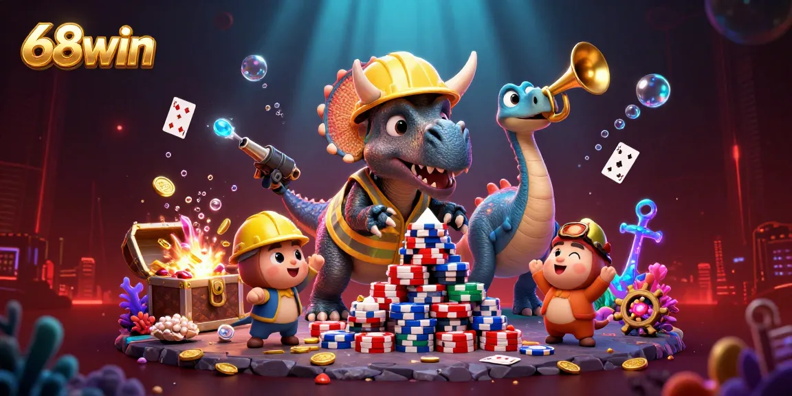 Experience the excitement of 68win with vibrant 3D characters amidst a lively casino scene.