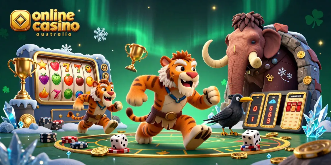 Experience the excitement at this vibrant online casino Australia with colorful slots, trophies, and fun characters!