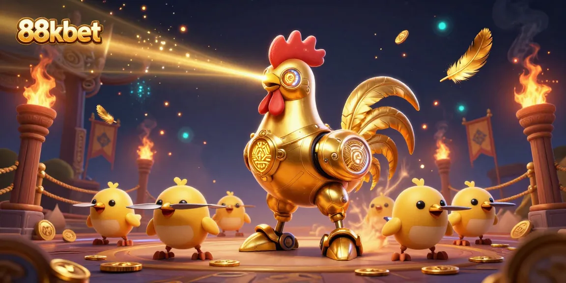 Experience thrilling gameplay with 88kbet's golden rooster robot and baby chick drones amid dynamic casino elements.
