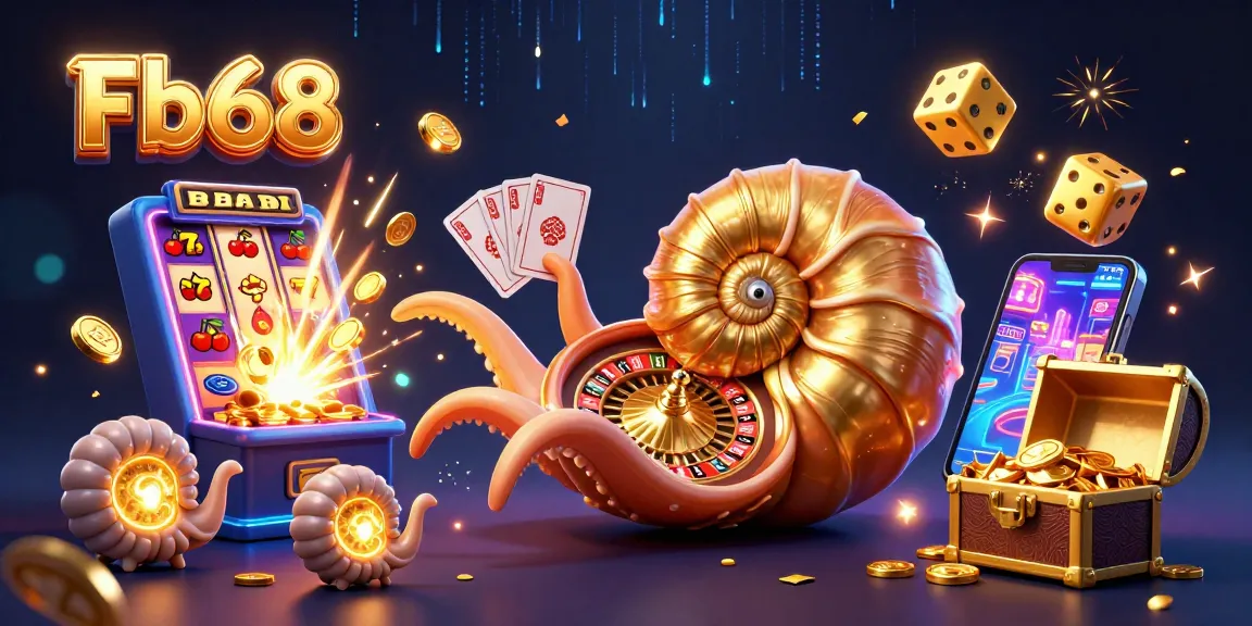 Engage with exciting games at Fb68 featuring a dynamic 3D casino scene with a glowing nautilus and jackpot elements.