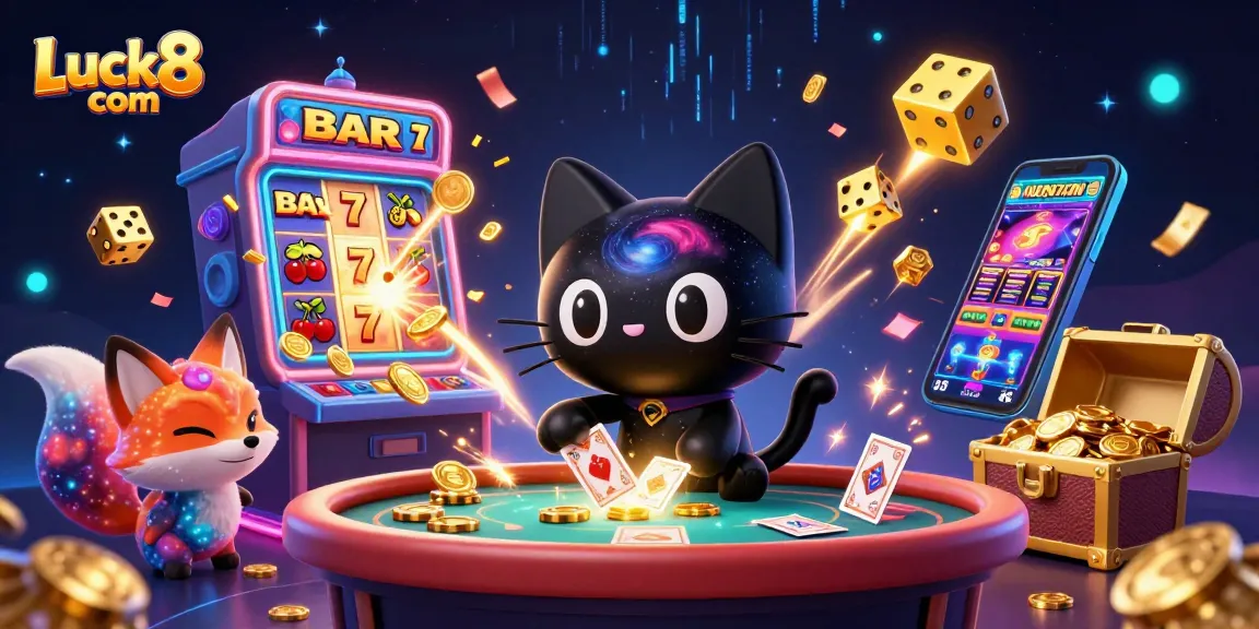 Engage with Luck8 com's vibrant casino universe featuring a cosmic black hole cat and rich slot games.