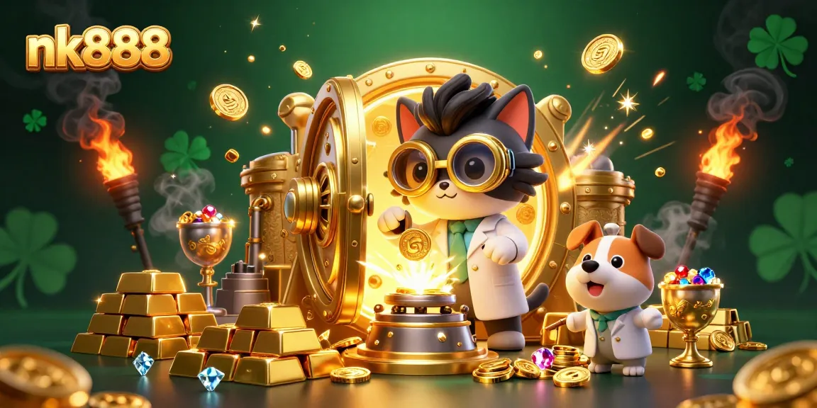 Experience the thrill of nk888 with a wild mad scientist cat, gold treasures, and casino excitement.