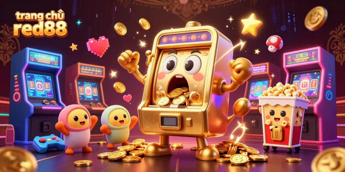 Experience exciting wins at trang chủ red88 with a lively scene featuring an animated golden slot machine celebrating its jackpot.
