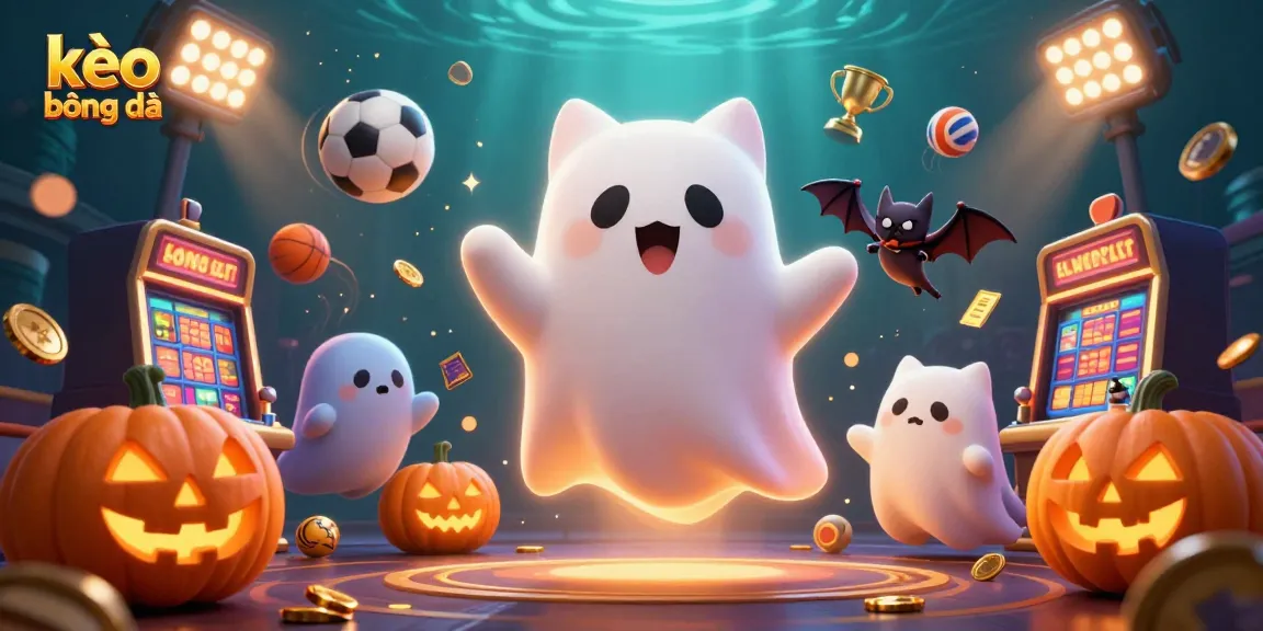 Engaging kèo bóng đá scene featuring a friendly ghost cat and a vampire bat amidst dynamic sports elements and gold coins.
