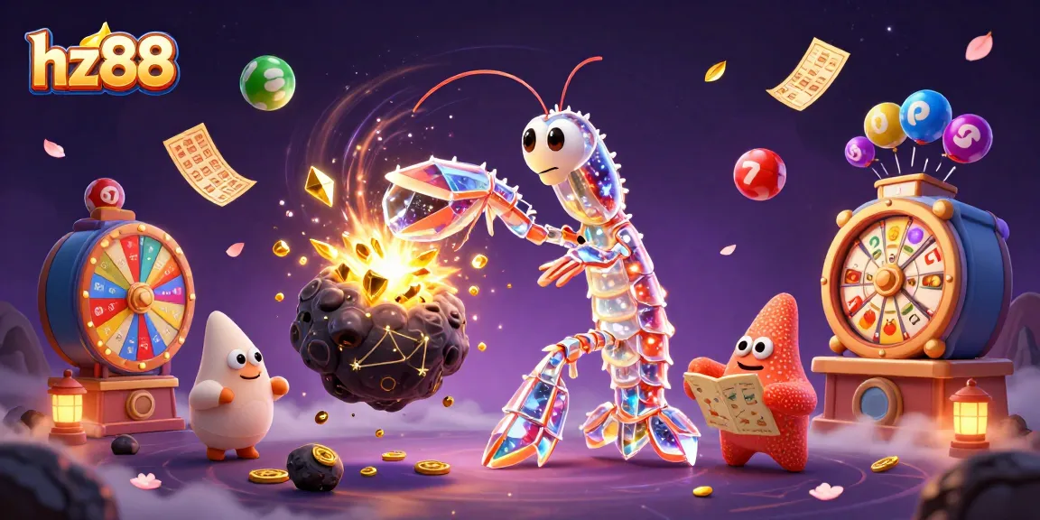 Engage in thrilling gameplay at hz88 with vibrant lottery balls, a mantis shrimp hero, and dynamic casino elements.